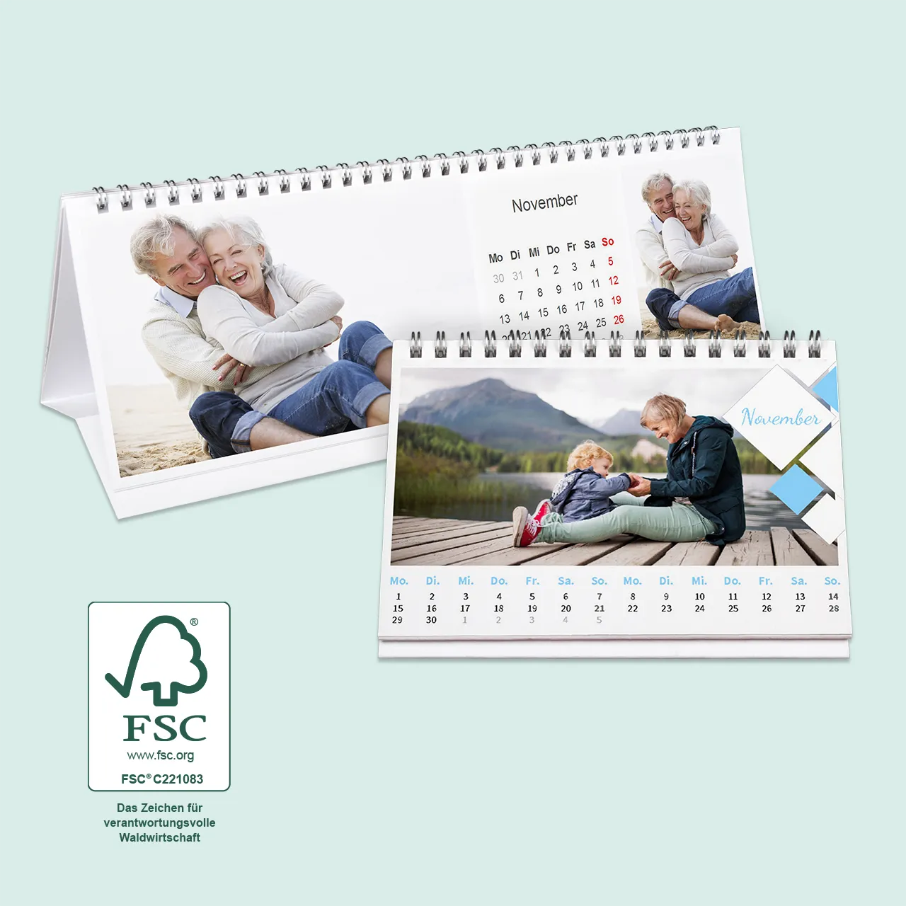 In der ROSSMANN Fotowelt hochwertigen Tischkalender gestalten und bestellen. Die Kalender gibt es in verschiedenen Varianten, zum Beispiel mit Holzfuß und Klemmbrett.