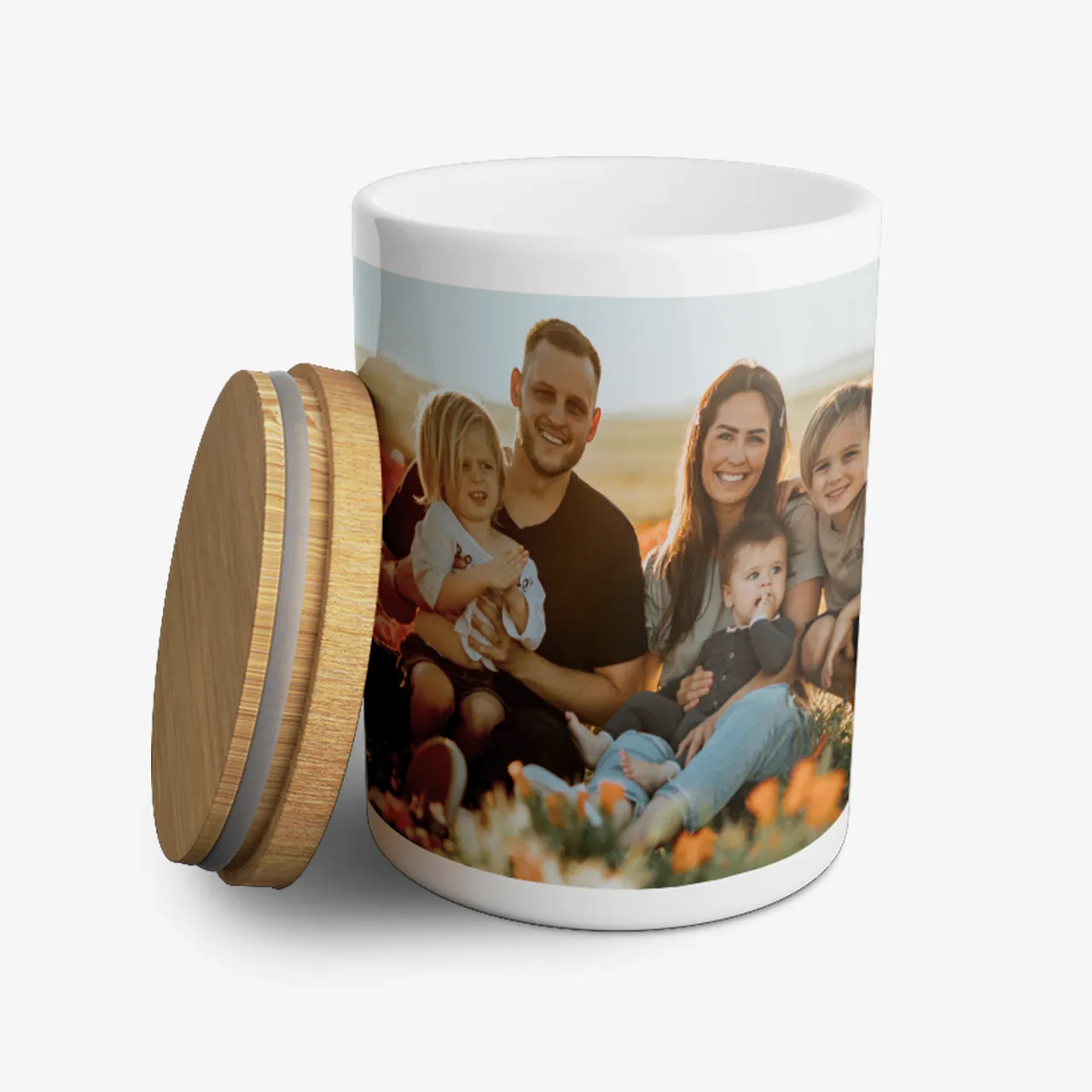 Personalisierte Keksdose mit Familienfoto und Bambusdeckel