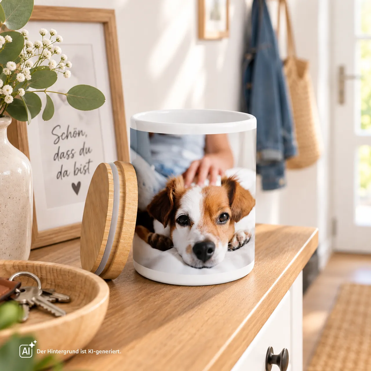Leckerlidose aus Keramik mit persönlichem Foto gestalten Personalisierte Leckerlidose aus Keramik mit Hundefoto in einer Wohnszene