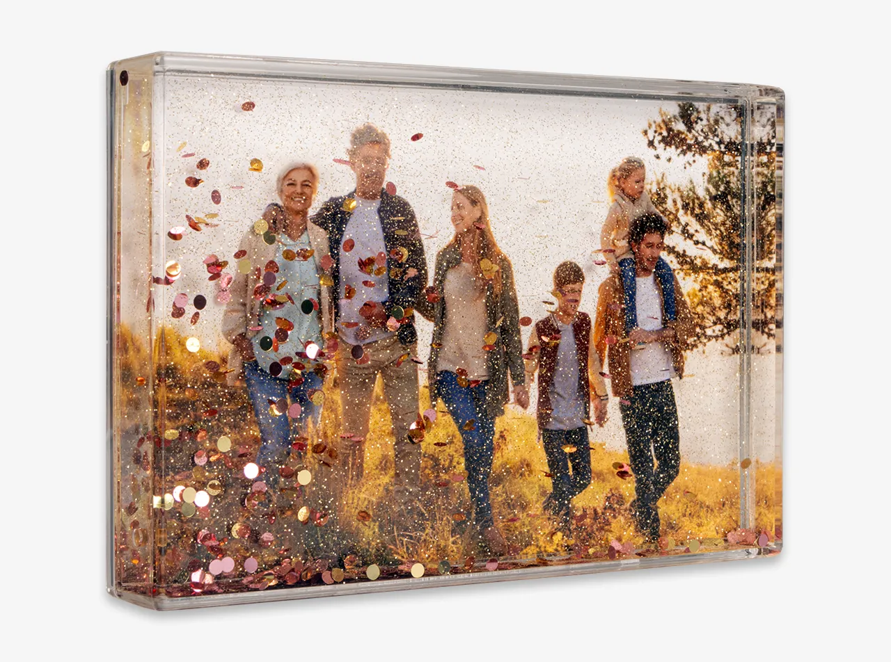 Schüttelrahmen mit Foto im Goldglitzer-Design – persönliches Geschenk