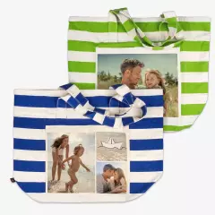 Strandtasche personalisiert, Bodenfalte, langer Henkel Wir werden eure Strandtasche bedrucken, wenn ihr eine personalisiert und bestellt habt. Dank des Streifenmusters erhaltet ihr einen besonderen Vintage-Look.