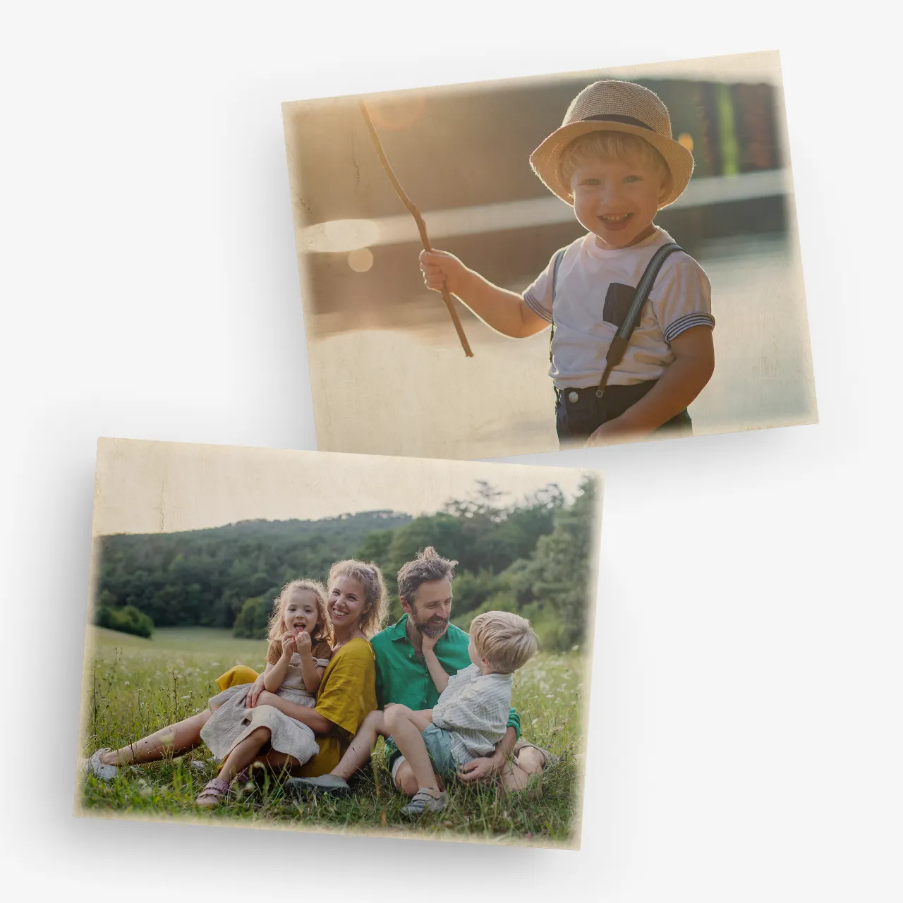 Foto Holzblock mit Bild eines Kindes im natürlichen Vintage-Look