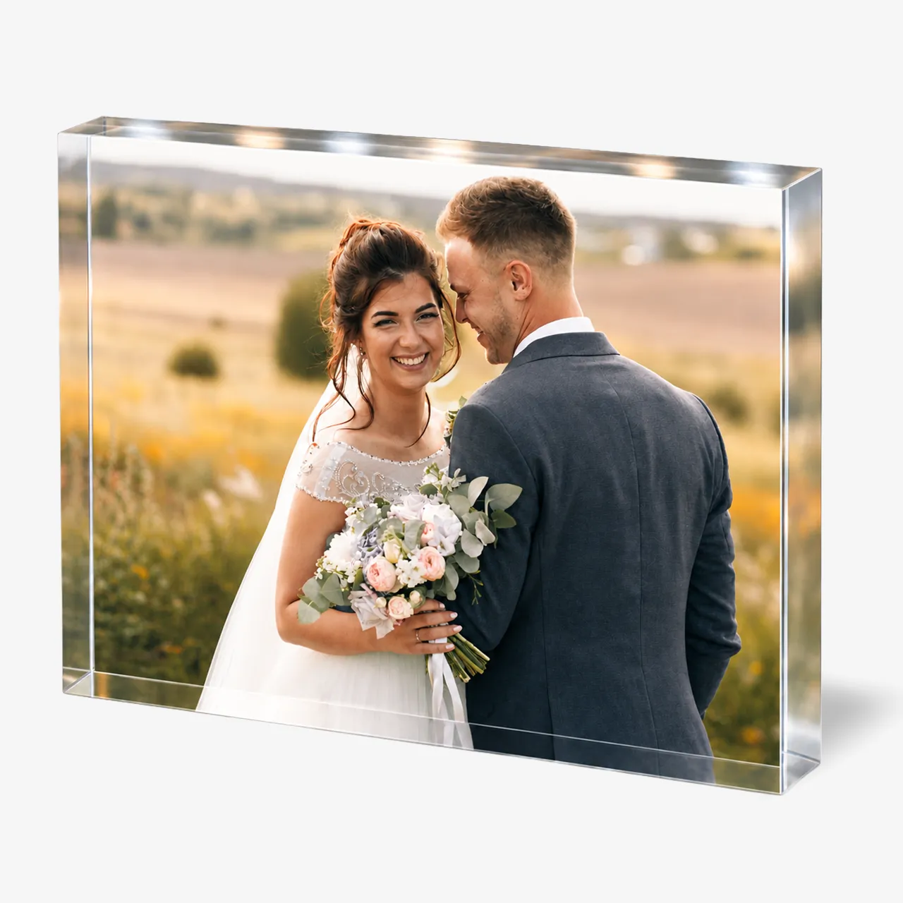 Foto-Acrylblock mit Hochzeitsfoto eines Brautpaares