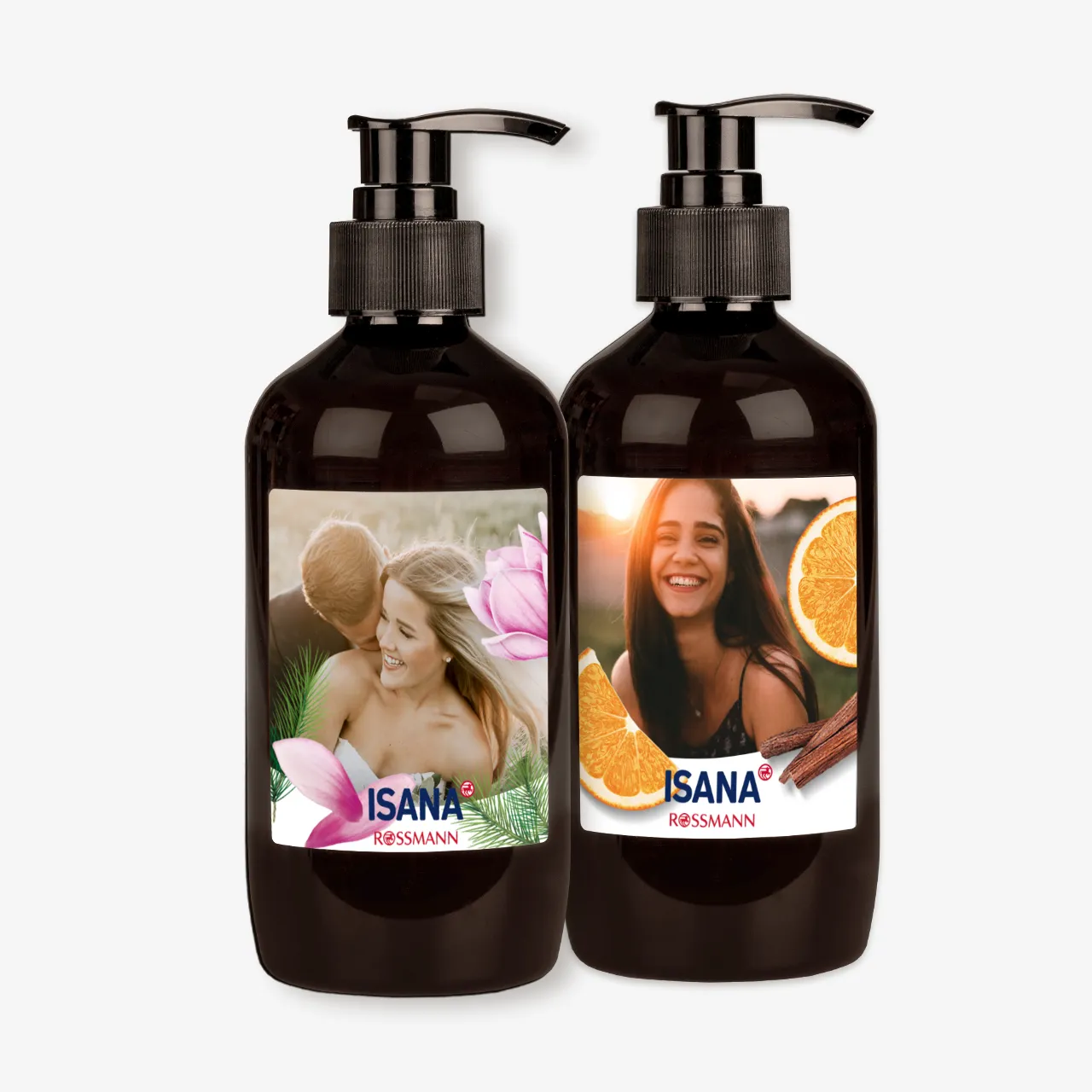 In der ROSSMANN Fotowelt könnt ihr eine ISANA Flüssigseife mit Foto und Text personalisieren. Gestaltet das Etikett der dunkelbraunen Flasche mit Pumpspender individuell.