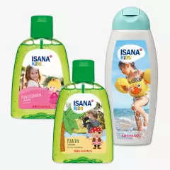 Das Kindershampoo und Schaumbad von ISANA Kids in der ROSSMANN Fotowelt selbst gestalten. Verschiedene Sorten, 300 ml Flasche. Die Rezeptur ist frei von Farbstoffen.