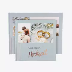 Das Gästebuch zur Hochzeit kann in zwei verschiedenen Formaten bestellt werden. Wählt zwischen der quadratischen Variante und dem A4-Format euer Favorit.