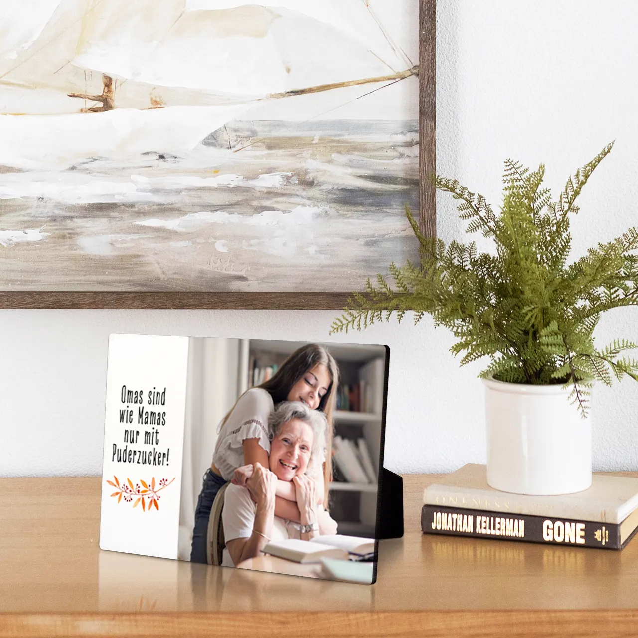 Fotoaufsteller Holz mit Foto und Text als Geschenk für Oma gestalten Personalisierter Fotoaufsteller Holz mit Oma-Enkelin-Foto und liebevollem Spruch