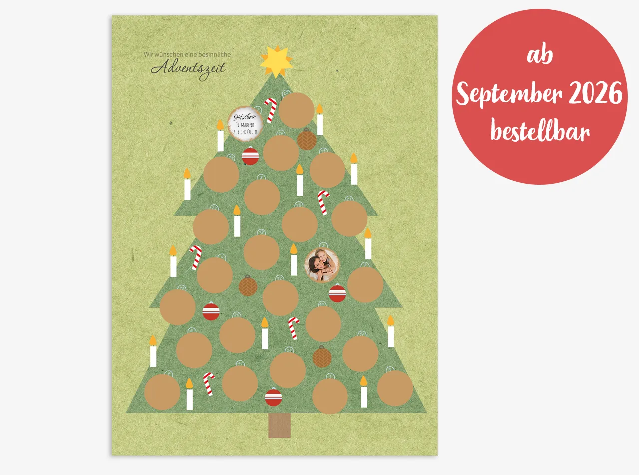 Rubbel Adventskalender mit Weihnachtsbaum-Design und goldenen Stickern