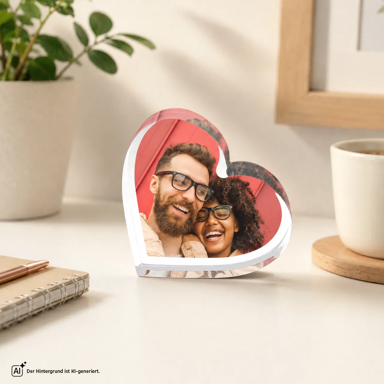Fotoherz mit eigenem Paarfoto selbst gestalten Fotoherz aus Acryl mit lachendem Paar als persönliche Tischdekoration