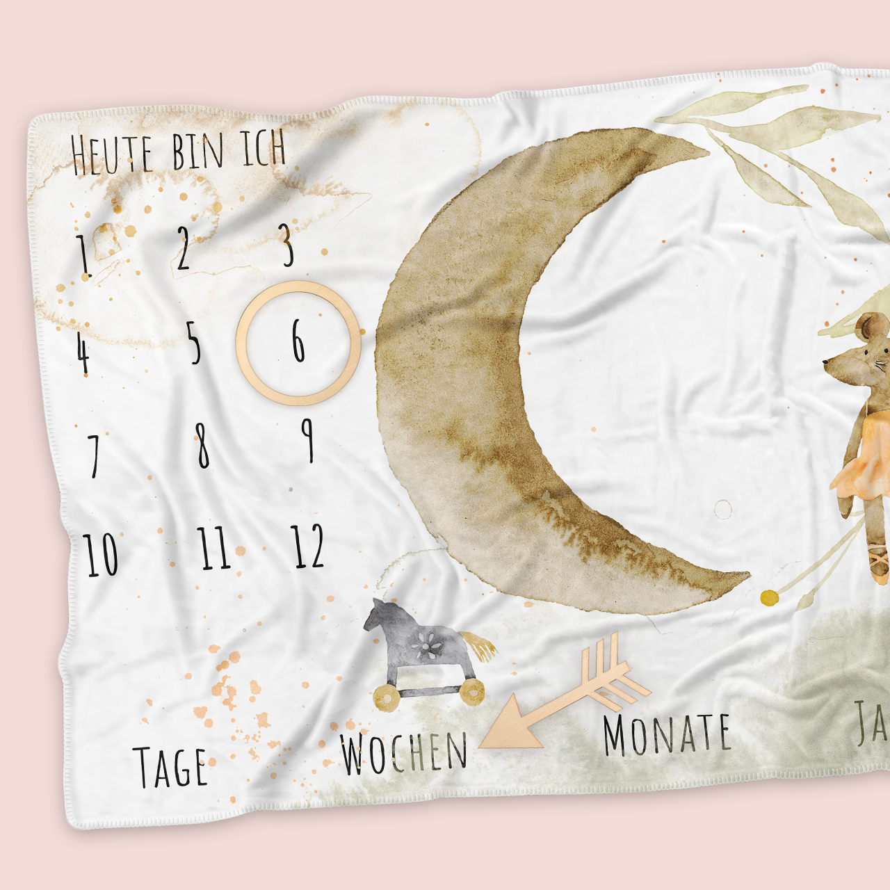 Personalisierte Babydecke mit Foto und Meilenstein-Markierungen für Wochen, Monate und Jahre