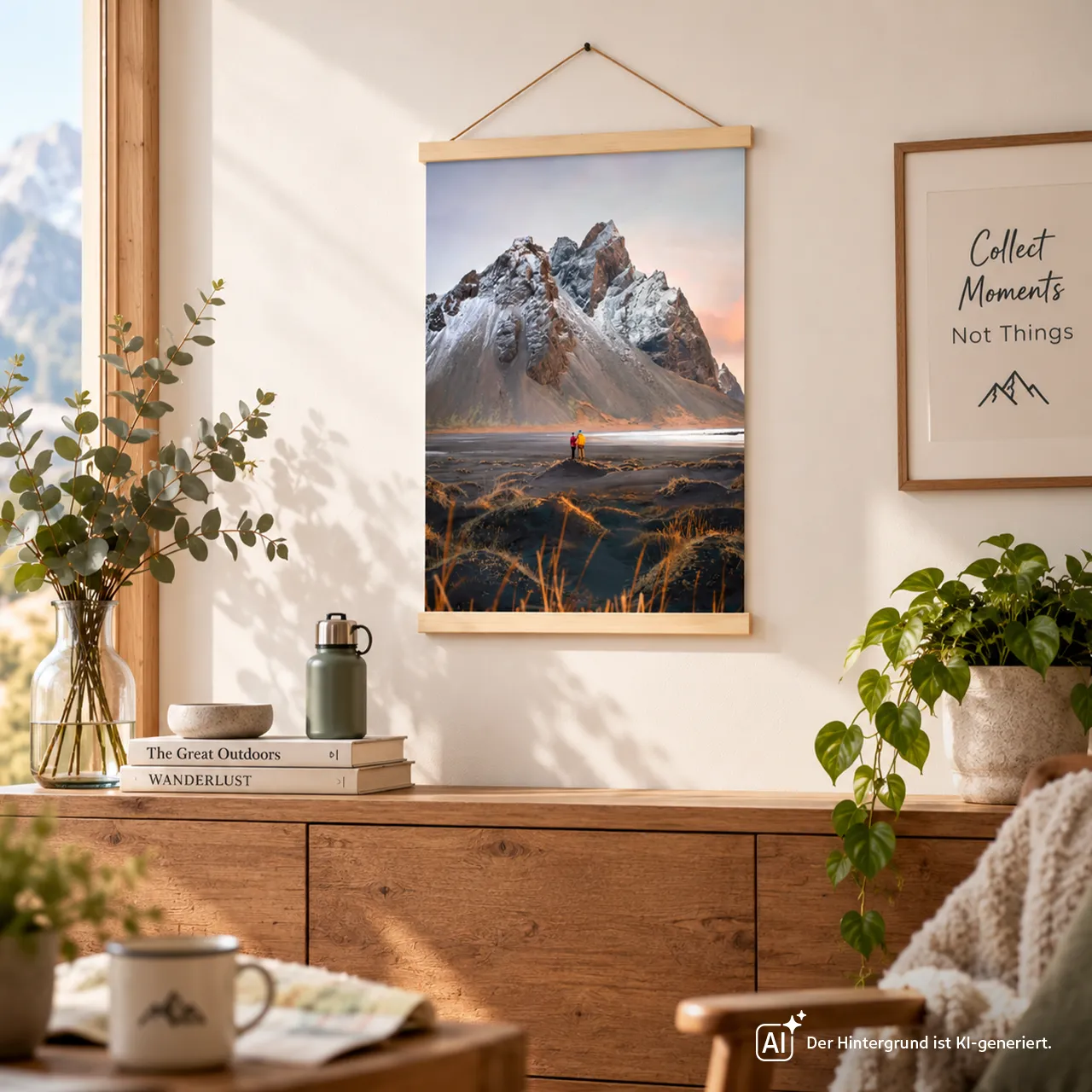 Retro-Leinwand mit eigenem Foto für euer Zuhause gestalten Retro-Leinwand mit Bergmotiv und Holzleisten als Wanddekoration im Wohnzimmer