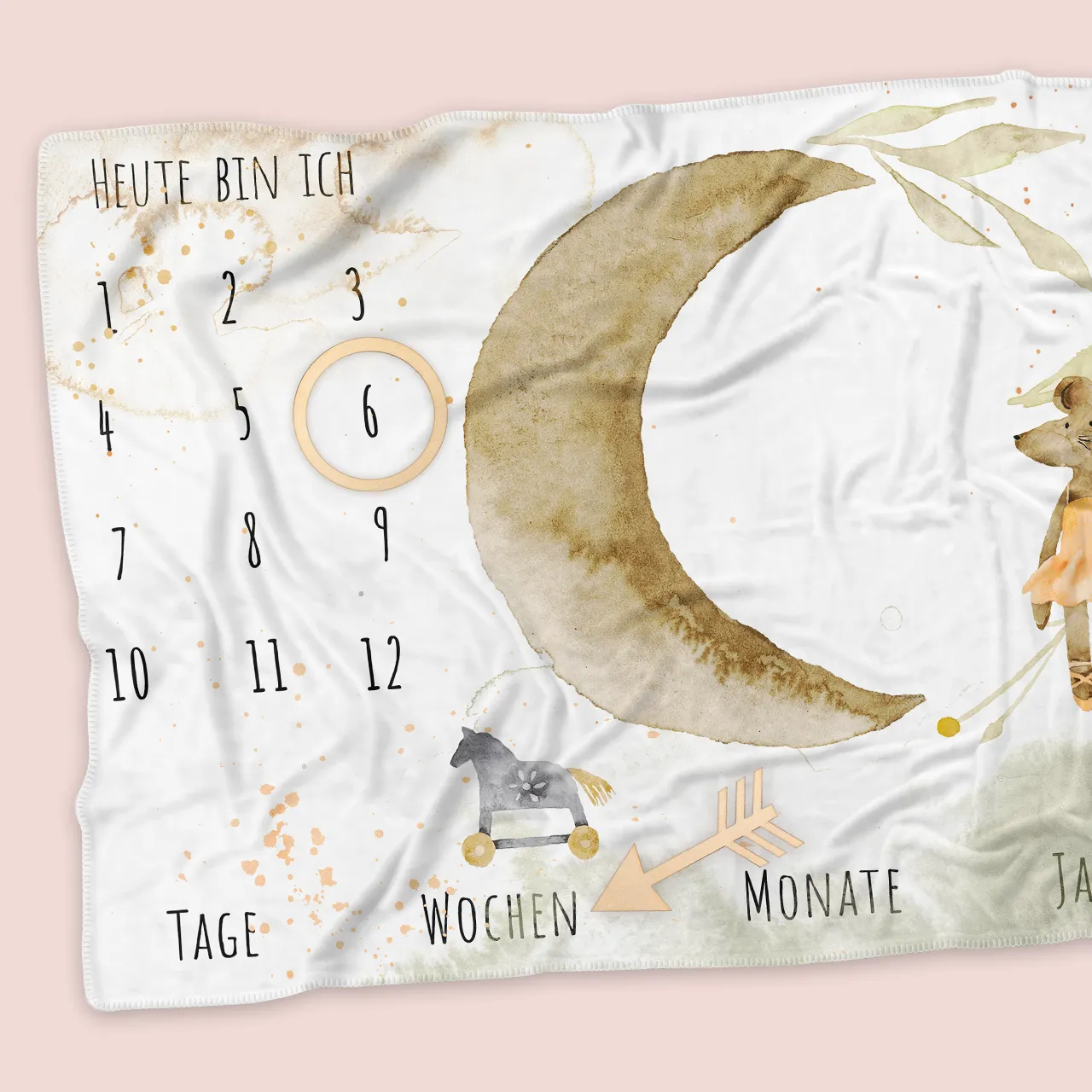 Personalisierte Babydecke als Meilensteindecke gestalten Babydecke personalisiert als Meilensteindecke mit Monatszahlen und liebevollem Mondmotiv