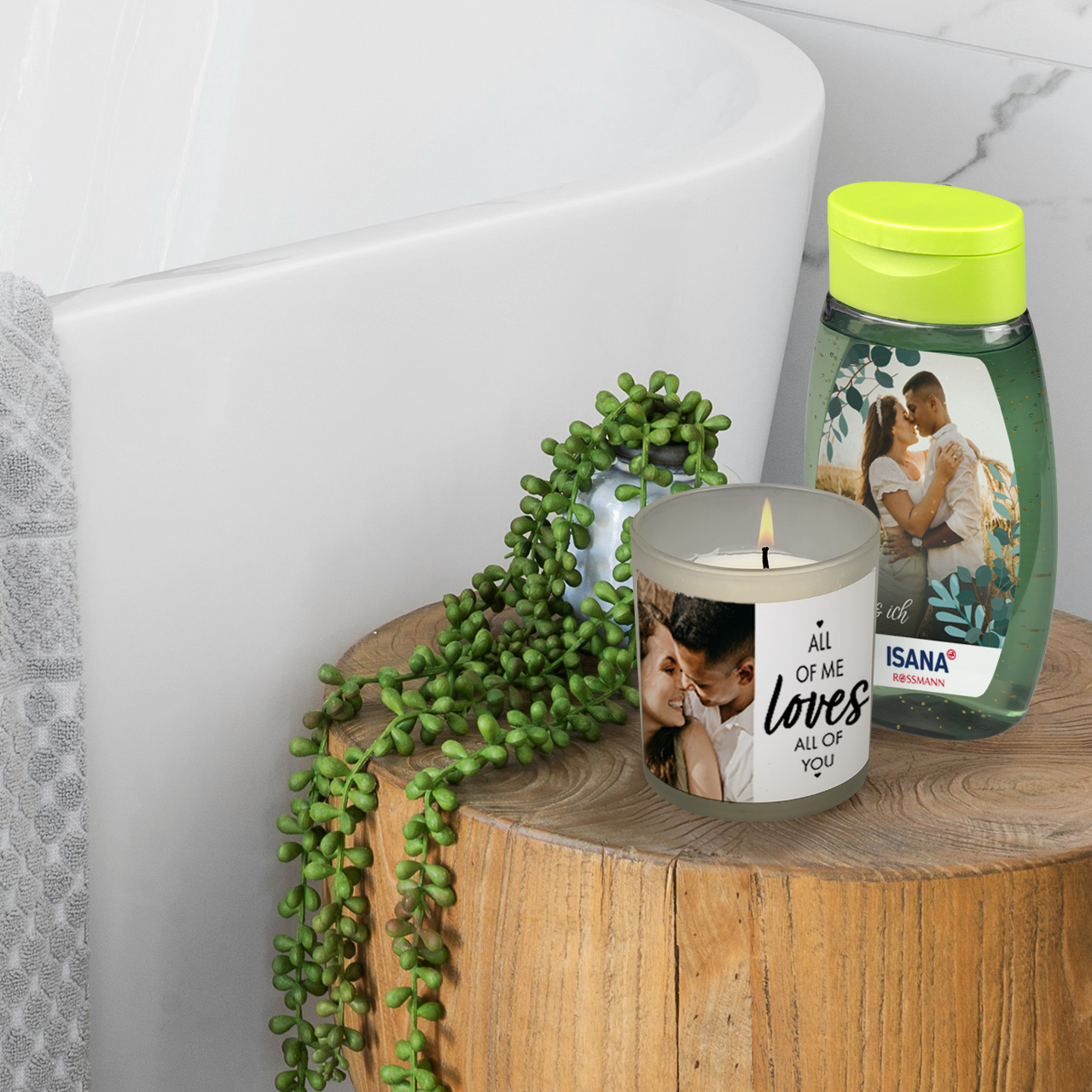 Eine personalisierte Kerze mit romantischem Foto und liebevollem Design, perfekt als Geschenk für einen entspannten Spa-Moment.