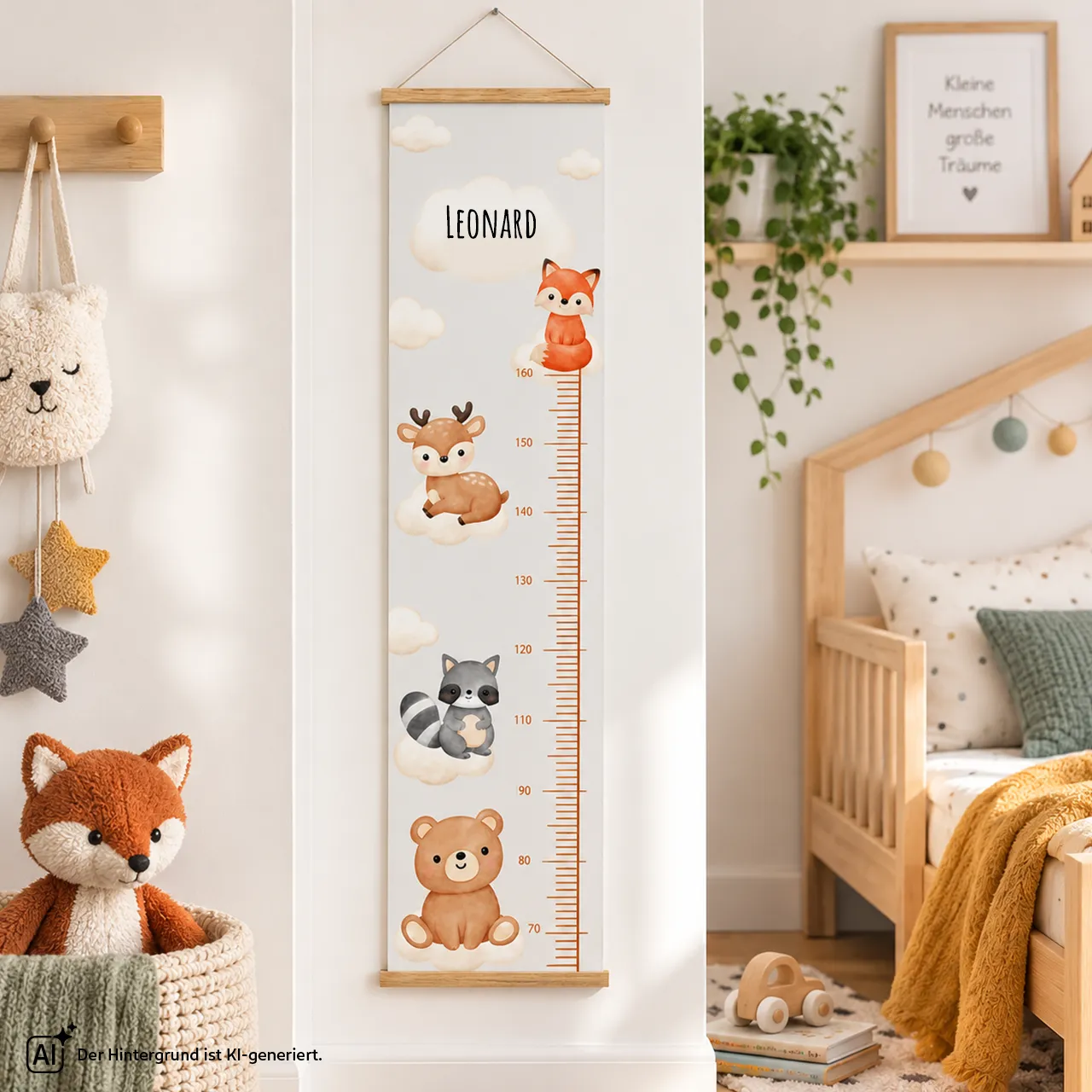 Kindermesslatte mit persönlichem Design selbst gestalten Detail einer personalisierten Kindermesslatte mit Tiermotiven und Messskala