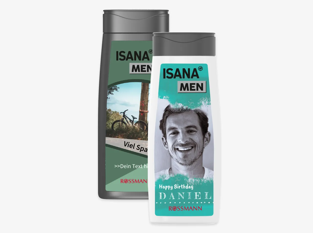 ISANA Men Duschgel personalisiert mit euren Fotos und individuellen Designs. Das Duschgel ist eine 3 in 1 Pflege für Körper, Gesicht und Haar und pH-hautfreundlich.