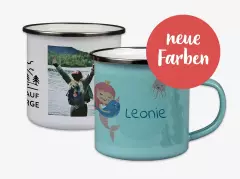 Individuelle Fototassen-Emaille mit Namen, Cliparts, Foto und kreativem Design, ideal zum Verschenken oder selbst Behalten.