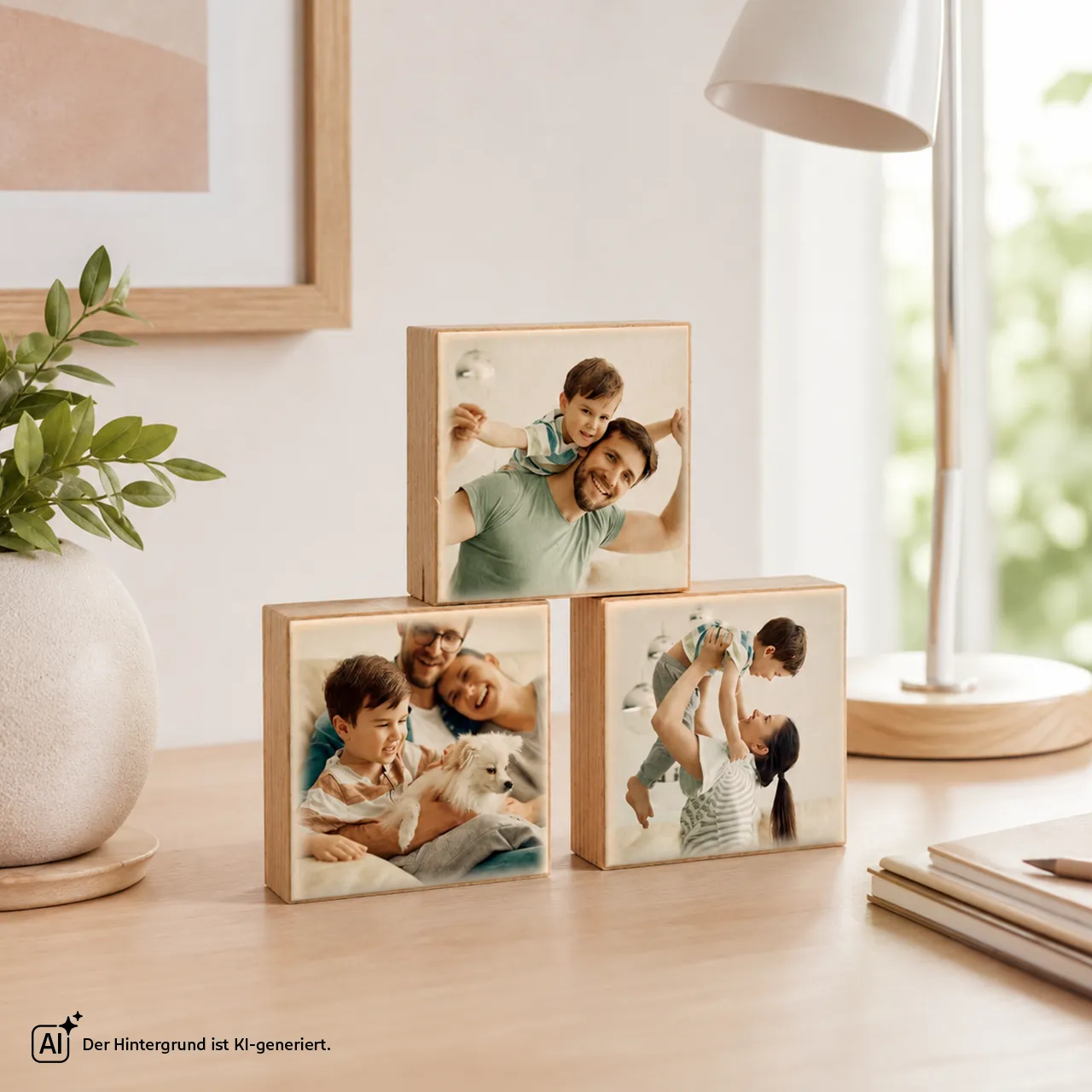 MIXBLOX Holz als persönliche Fotodeko für Zuhause Drei MIXBLOX Holz mit Familienfotos auf einem Schreibtisch