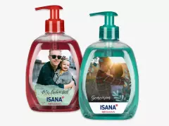 ISANA Handseife Foto-Etiketten selbst gestalten in der ROSSMANN Fotowelt. Verschiedene Sorten mit Grapefruit- und Minz-Extrakt oder mit grünem Tee im 500 ml Pumpspender.