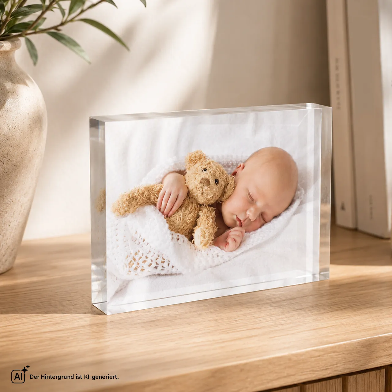 Persönlichen Foto-Acrylblock mit Babyfoto gestalten Acrylblock Foto mit schlafendem Baby und Kuscheltier als Tischdekoration