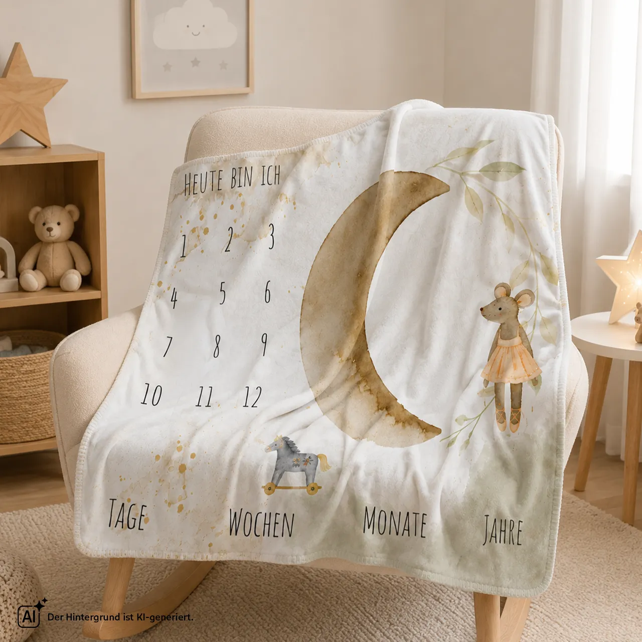Babydecke mit Meilenstein-Design für besondere Erinnerungen Personalisierte Babydecke mit Meilenstein-Design auf einem Sessel im Kinderzimmer