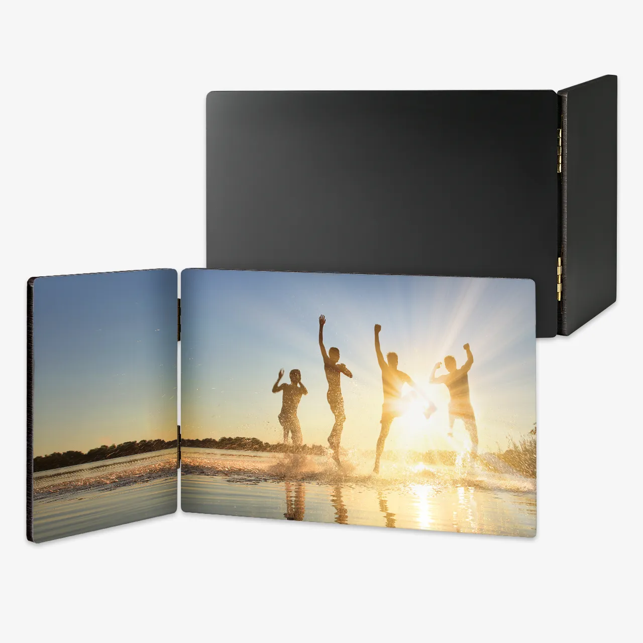 Zweiteiliger Fotoaufsteller Holz mit Strandmotiv und schwarzer Rückseite