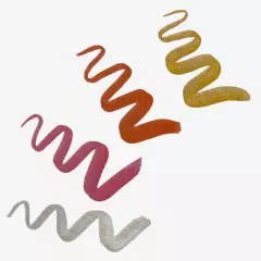 Kalligrafische Beispiele mit metallischen Brushpens in geschwungenen Linien in Gold, Roségold, Weinrot und Silber.