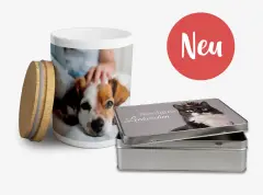 Leckerlidose mit Foto als Keramikdose mit Bambusdeckel und Metalldosen für Hund und Katze