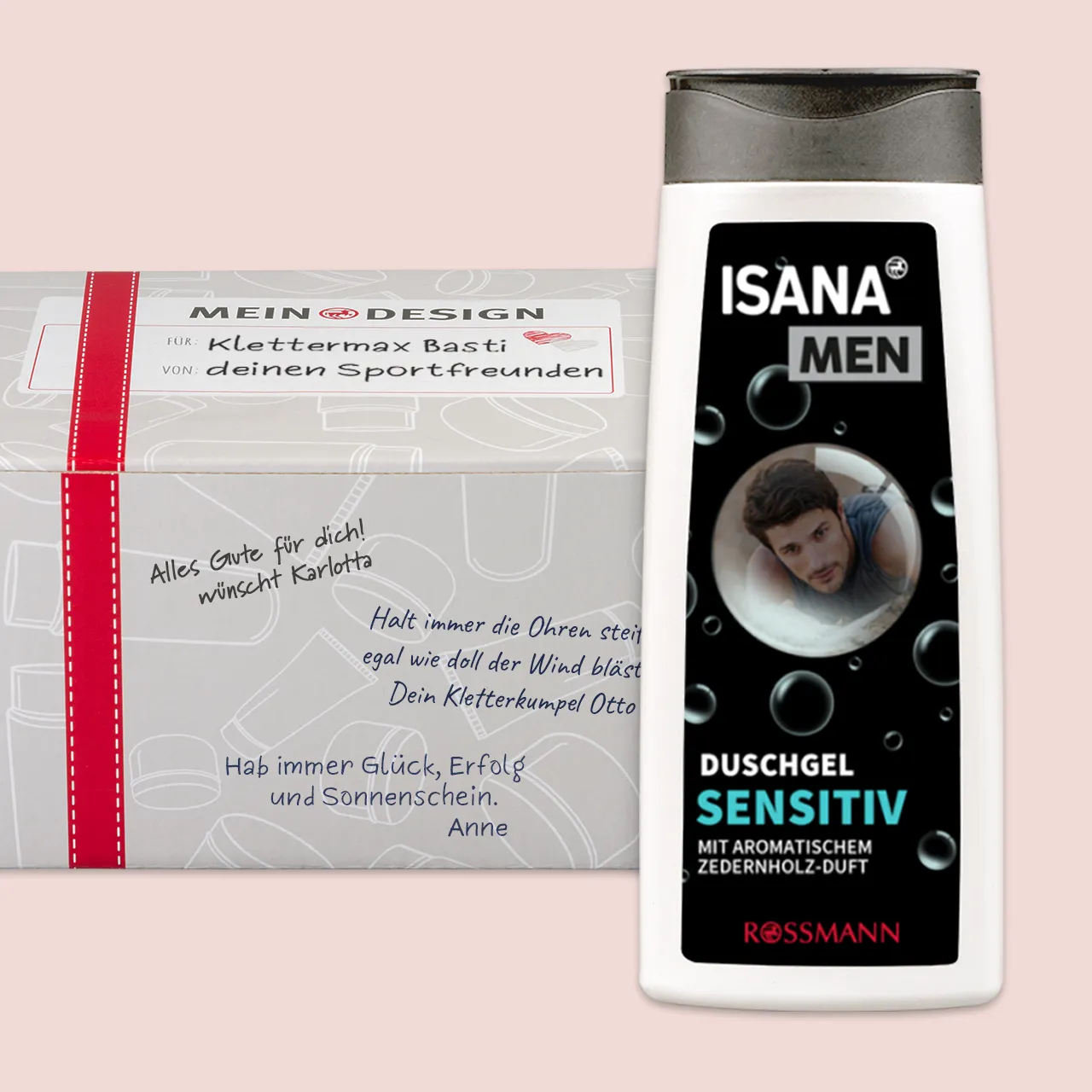 Individuelles Foto Duschgel mit Geschenkverpackung Das Duschgel personalisiert von ISANA Men eignet sich dank der Geschenkverpackung als persönliches Geschenk. Die Rezeptur ist zu 100 % ohne Mikroplastik.