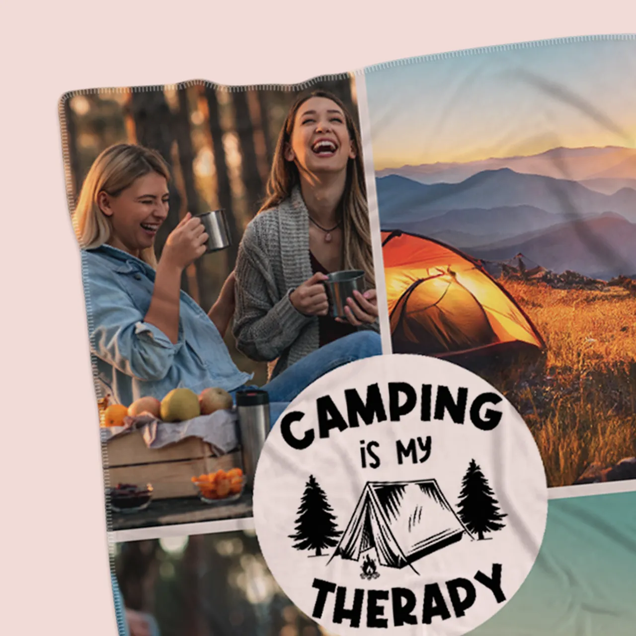 Premium Kuscheldecke mit mehreren Fotos und Designs gestalten Detailansicht einer Fotodecke mit Camping-Collage und individuellem Design