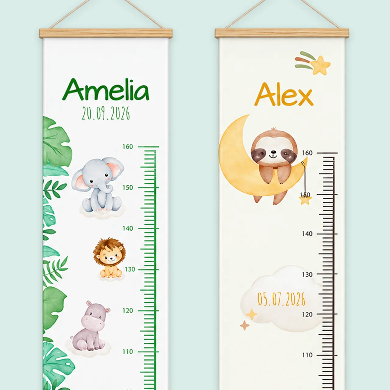 Kindermesslatte mit Namen und Motiven personalisieren Personalisierte Kindermesslatte aus Leinwandstoff mit Kiefernholzleisten
