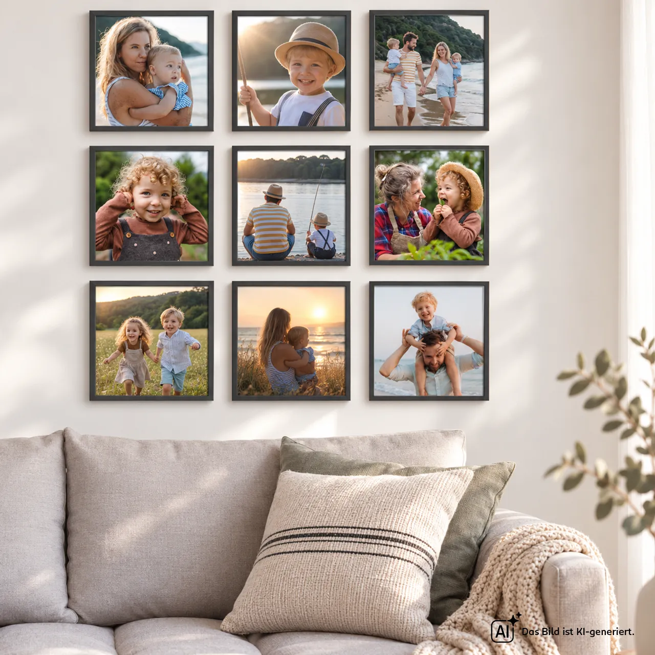 MIXPIX® Fotokacheln als persönliche Bildergalerie gestalten MIXPIX® Bildergalerie mit neun Familienfotos im Wohnzimmer