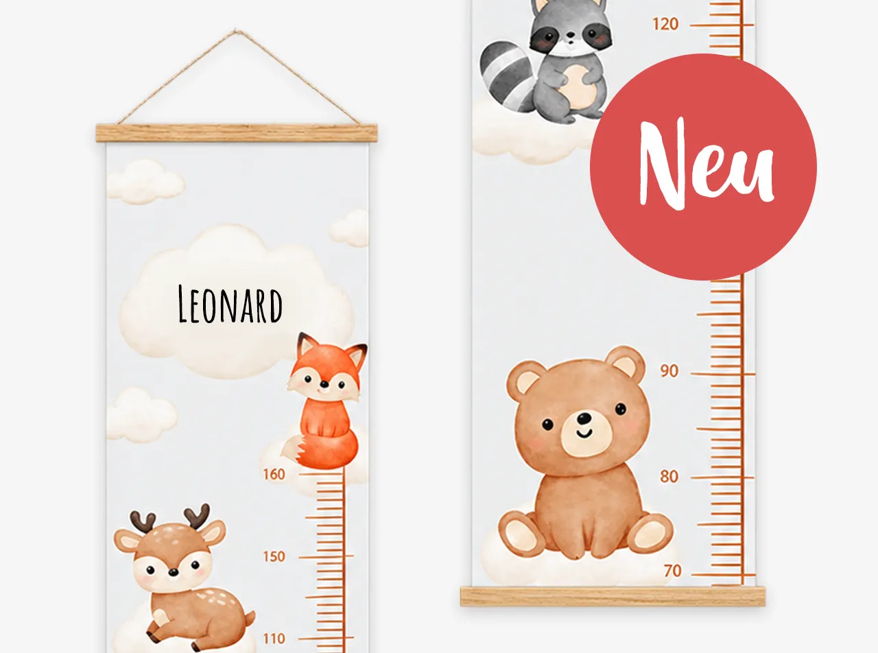 Personalisierte Kindermesslatte mit Namen, Datum und Tiermotiven