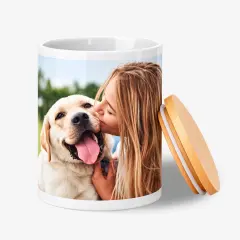 Leckerlidose aus Keramik mit Hundefoto und luftdichtem Bambusdeckel