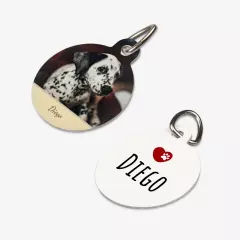 runde Hundemarke mit Namen und Foto, kratzfest Zwei runde Hundemarken für Dalmatiner namens Diego. Einmal vollflächig mit Foto bedruckt, einmal mit Designvorlage gestaltet.