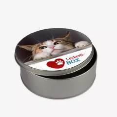 Leckerlidose, rund, brillanter Druck Eine Leckerlidose ist eine einzigartige Möglichkeit, die oft unästhetischen Snacks in niedlicher Verpackung zu verstauen.