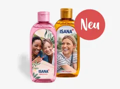 Zwei personalisierte ISANA Duschgele mit unterschiedlichen Fotoetiketten