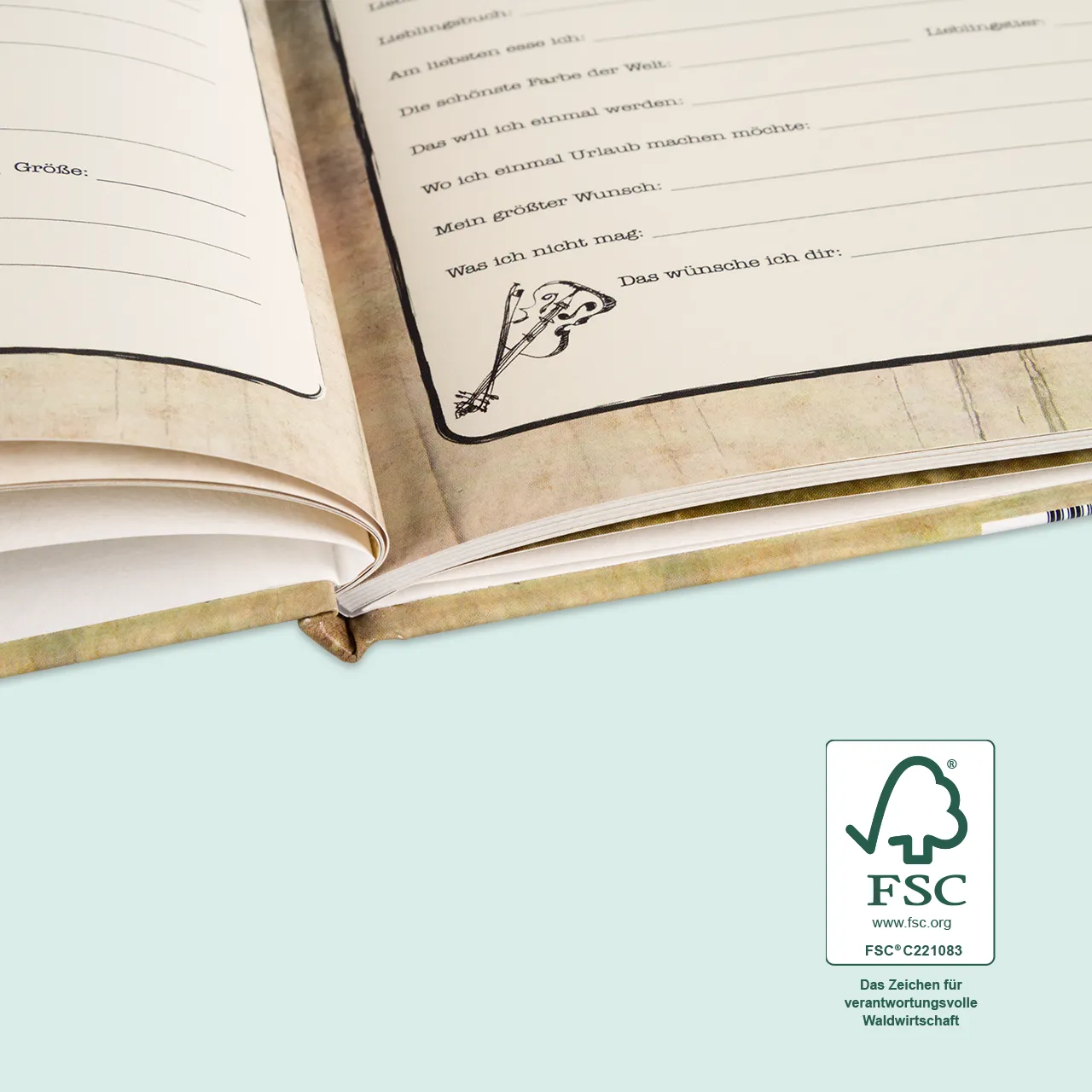 Freundebuch selbst gestalten mit individuellem Design und Platz für die persönlichen Einträge und Fotos von 21 Freunden. Ein besonderes Andenken an die Schulzeit.