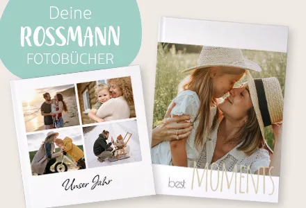 Zwei individuell gestaltete Fotobücher in verschiedenen Formaten und liebevollen Designs für besondere Erinnerungen.